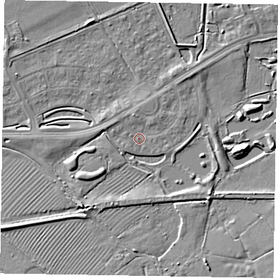 Shaded relief map of the ground around HP227BN, computed from Environment Agency LiDAR. The ground here sits at about 82 m above sea level and falls 6 m across the surrounding 800 m. Surface water reaching this point runs off ground lying to the north-north-west, 2.0 m higher.
