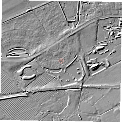 Shaded relief map of the ground around HP227BP, computed from Environment Agency LiDAR. The ground here sits at about 82 m above sea level and falls 7 m across the surrounding 800 m. Surface water reaching this point runs off ground lying to the north-west, 1.1 m higher.