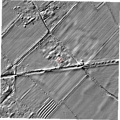Shaded relief map of the ground around HP234BF, computed from Environment Agency LiDAR. The ground here sits at about 96 m above sea level and falls 8 m across the surrounding 800 m. Surface water reaching this point runs off ground lying to the south-east, 1.4 m higher.
