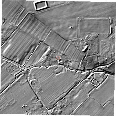 Shaded relief map of the ground around HP234FA, computed from Environment Agency LiDAR. The ground here sits at about 92 m above sea level and falls 13 m across the surrounding 800 m. Surface water reaching this point runs off ground lying to the north-east, 1.0 m higher.