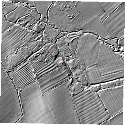 Shaded relief map of the ground around HP234PJ, computed from Environment Agency LiDAR. The ground here sits at about 87 m above sea level and falls 6 m across the surrounding 800 m. Surface water reaching this point runs off ground lying to the south, 4.7 m higher.