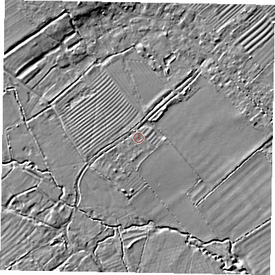 Shaded relief map of the ground around HP234PL, computed from Environment Agency LiDAR. The ground here sits at about 86 m above sea level and falls 7 m across the surrounding 800 m. Surface water reaching this point runs off ground lying to the east, 2.7 m higher.