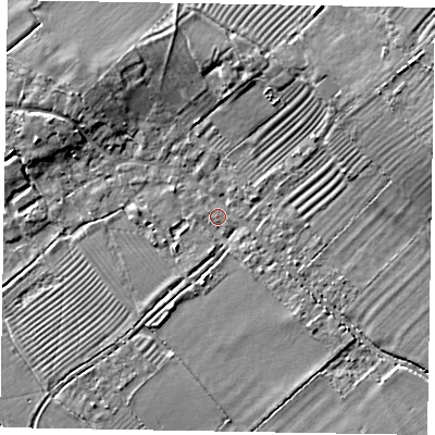 Shaded relief map of the ground around HP234QD, computed from Environment Agency LiDAR. The ground here sits at about 86 m above sea level and falls 10 m across the surrounding 800 m. Surface water reaching this point runs off ground lying to the east-north-east, 8.6 m higher.
