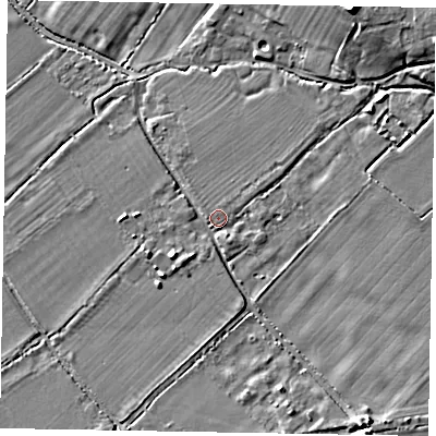Shaded relief map of the ground around HP234QG, computed from Environment Agency LiDAR. The ground here sits at about 93 m above sea level and falls 13 m across the surrounding 800 m. Surface water reaching this point runs off ground lying to the south-east, 7.1 m higher.