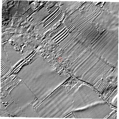 Shaded relief map of the ground around HP234QL, computed from Environment Agency LiDAR. The ground here sits at about 87 m above sea level and falls 10 m across the surrounding 800 m. Surface water reaching this point runs off ground lying to the east-north-east, 8.4 m higher.