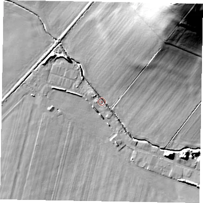Shaded relief map of the ground around HP234QR, computed from Environment Agency LiDAR. The ground here sits at about 88 m above sea level and falls 46 m across the surrounding 800 m. Surface water reaching this point runs off ground lying to the south-east, 4.8 m higher.