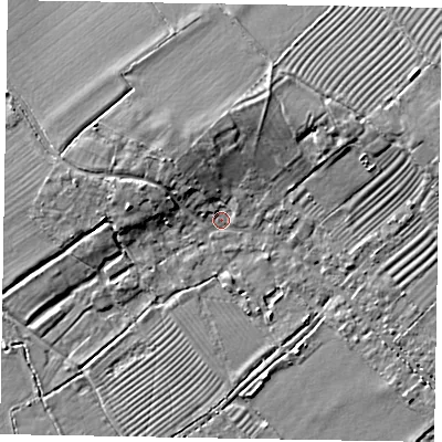Shaded relief map of the ground around HP234QS, computed from Environment Agency LiDAR. The ground here sits at about 85 m above sea level and falls 9 m across the surrounding 800 m. Surface water reaching this point runs off ground lying to the east-north-east, 7.2 m higher.