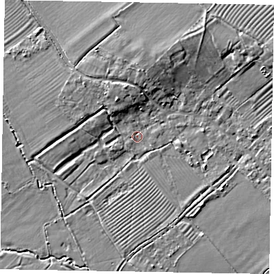 Shaded relief map of the ground around HP234QT, computed from Environment Agency LiDAR. The ground here sits at about 85 m above sea level and falls 8 m across the surrounding 800 m. Surface water reaching this point runs off ground lying to the east-north-east, 6.8 m higher.