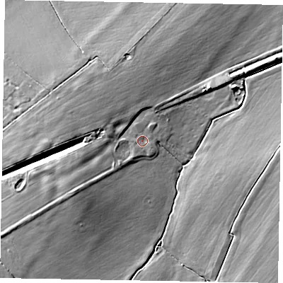 Shaded relief map of the ground around HP234QZ, computed from Environment Agency LiDAR. The ground here sits at about 88 m above sea level and falls 8 m across the surrounding 800 m. Surface water reaching this point runs off ground lying to the south-west, 4.7 m higher.