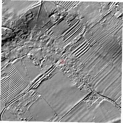 Shaded relief map of the ground around HP234RL, computed from Environment Agency LiDAR. The ground here sits at about 87 m above sea level and falls 10 m across the surrounding 800 m. Surface water reaching this point runs off ground lying to the east-north-east, 8.7 m higher.