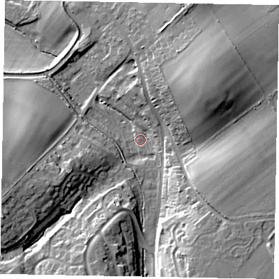 Shaded relief map of the ground around HP235EQ, computed from Environment Agency LiDAR. The ground here sits at about 118 m above sea level and falls 23 m across the surrounding 800 m. Surface water reaching this point runs off ground lying to the north-east, 19.0 m higher.