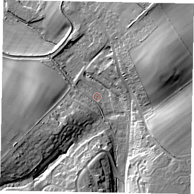 Shaded relief map of the ground around HP235HB, computed from Environment Agency LiDAR. The ground here sits at about 117 m above sea level and falls 24 m across the surrounding 800 m. Surface water reaching this point runs off ground lying to the east-north-east, 20.1 m higher.