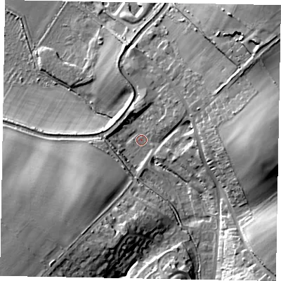 Shaded relief map of the ground around HP235HG, computed from Environment Agency LiDAR. The ground here sits at about 116 m above sea level and falls 25 m across the surrounding 800 m. Surface water reaching this point runs off ground lying to the south-west, 21.1 m higher.
