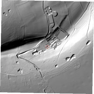 Shaded relief map of the ground around HP236LB, computed from Environment Agency LiDAR. The ground here sits at about 194 m above sea level and falls 86 m across the surrounding 800 m. Surface water reaching this point runs off ground lying to the south, 54.7 m higher.