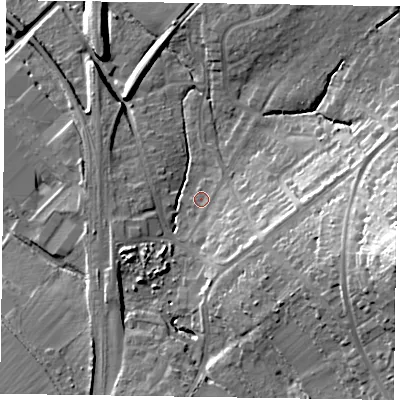 Shaded relief map of the ground around HP279AU, computed from Environment Agency LiDAR. The ground here sits at about 101 m above sea level and falls 33 m across the surrounding 800 m. Surface water reaching this point runs off ground lying to the south-east, 7.8 m higher.