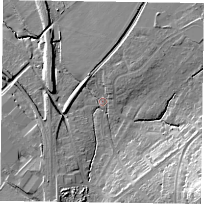Shaded relief map of the ground around HP279AY, computed from Environment Agency LiDAR. The ground here sits at about 99 m above sea level and falls 37 m across the surrounding 800 m. Surface water reaching this point runs off ground lying to the south-east, 26.0 m higher.