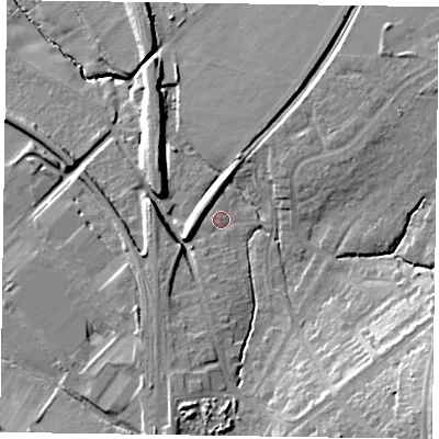 Shaded relief map of the ground around HP279BA, computed from Environment Agency LiDAR. The ground here sits at about 99 m above sea level and falls 27 m across the surrounding 800 m. Surface water reaching this point runs off ground lying to the south-east, 19.6 m higher.