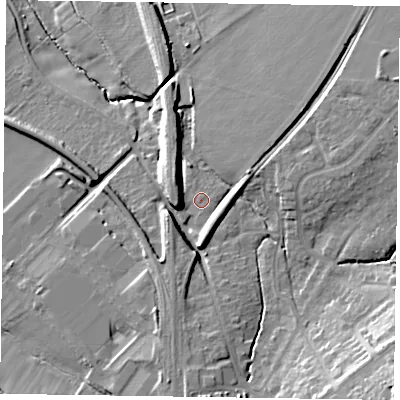 Shaded relief map of the ground around HP279BS, computed from Environment Agency LiDAR. The ground here sits at about 98 m above sea level and falls 23 m across the surrounding 800 m. Surface water reaching this point runs off ground lying to the south-east, 17.8 m higher.