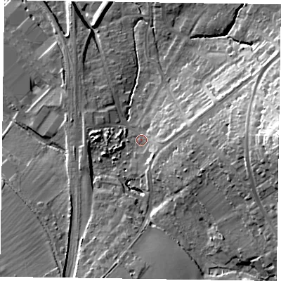 Shaded relief map of the ground around HP279DN, computed from Environment Agency LiDAR. The ground here sits at about 103 m above sea level and falls 29 m across the surrounding 800 m. Surface water reaching this point runs off ground lying to the east, 13.9 m higher.
