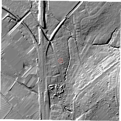 Shaded relief map of the ground around HP279DT, computed from Environment Agency LiDAR. The ground here sits at about 102 m above sea level and falls 23 m across the surrounding 800 m. Surface water reaching this point runs off ground lying to the south-west, 1.1 m higher.