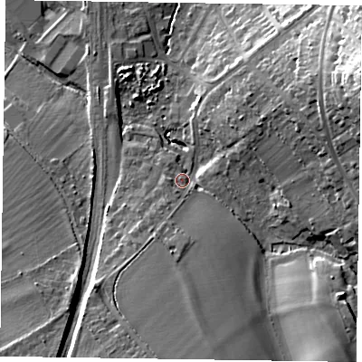 Shaded relief map of the ground around HP279DX, computed from Environment Agency LiDAR. The ground here sits at about 106 m above sea level and falls 28 m across the surrounding 800 m. Surface water reaching this point runs off ground lying to the south-south-west, 2.6 m higher.
