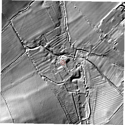 Shaded relief map of the ground around HP279NF, computed from Environment Agency LiDAR. The ground here sits at about 96 m above sea level and falls 16 m across the surrounding 800 m. Surface water reaching this point runs off ground lying to the south-south-east, 3.2 m higher.