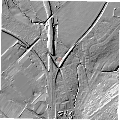 Shaded relief map of the ground around HP279PW, computed from Environment Agency LiDAR. The ground here sits at about 99 m above sea level and falls 24 m across the surrounding 800 m. Surface water reaching this point runs off ground lying to the south-east, 18.6 m higher.