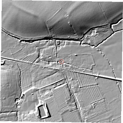 Shaded relief map of the ground around HP279QL, computed from Environment Agency LiDAR. The ground here sits at about 79 m above sea level and falls 12 m across the surrounding 800 m. Surface water reaching this point runs off ground lying to the east-south-east, 4.6 m higher.
