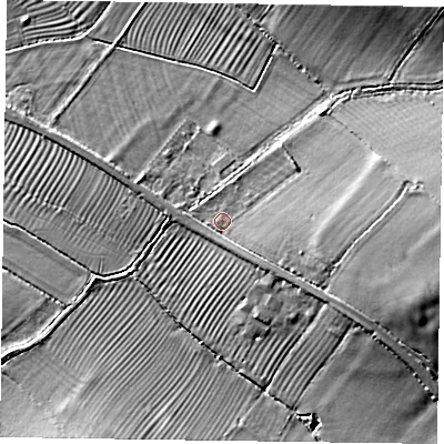 Shaded relief map of the ground around HP279QU, computed from Environment Agency LiDAR. The ground here sits at about 80 m above sea level and falls 11 m across the surrounding 800 m. Surface water reaching this point runs off ground lying to the east-south-east, 7.0 m higher.
