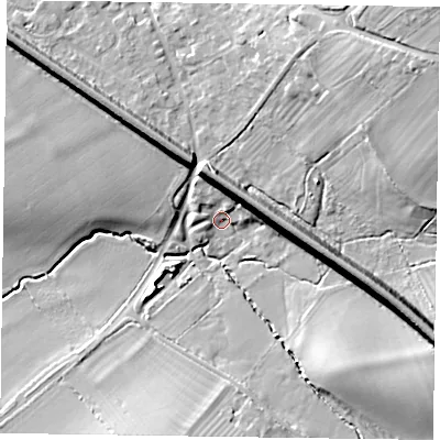 Shaded relief map of the ground around HP279SA, computed from Environment Agency LiDAR. The ground here sits at about 87 m above sea level and falls 18 m across the surrounding 800 m. Surface water reaching this point runs off ground lying to the east-north-east, 10.1 m higher.