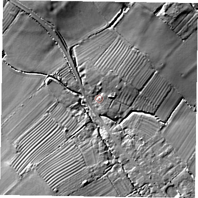 Shaded relief map of the ground around HP279TA, computed from Environment Agency LiDAR. The ground here sits at about 81 m above sea level and falls 13 m across the surrounding 800 m. Surface water reaching this point runs off ground lying to the north-east, 12.4 m higher.