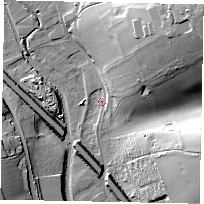 Shaded relief map of the ground around HP38RT, computed from Environment Agency LiDAR. The ground here sits at about 74 m above sea level and falls 50 m across the surrounding 800 m. Surface water reaching this point runs off ground lying to the north-east, 41.0 m higher.