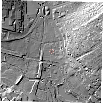 Shaded relief map of the ground around HP39AW, computed from Environment Agency LiDAR. The ground here sits at about 80 m above sea level and falls 37 m across the surrounding 800 m. Surface water reaching this point runs off ground lying to the east-north-east, 30.3 m higher.