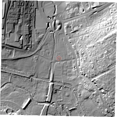 Shaded relief map of the ground around HP39BX, computed from Environment Agency LiDAR. The ground here sits at about 80 m above sea level and falls 36 m across the surrounding 800 m. Surface water reaching this point runs off ground lying to the east-north-east, 36.0 m higher.