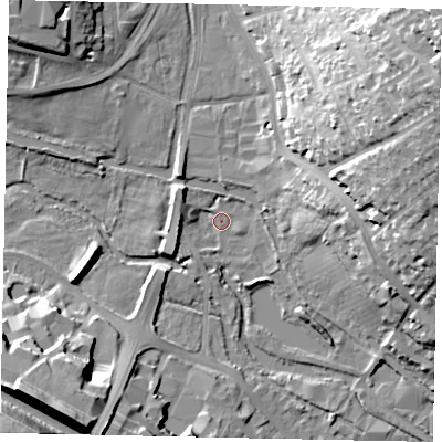Shaded relief map of the ground around HP39BY, computed from Environment Agency LiDAR. The ground here sits at about 80 m above sea level and falls 37 m across the surrounding 800 m. Surface water reaching this point runs off ground lying to the east, 12.1 m higher.