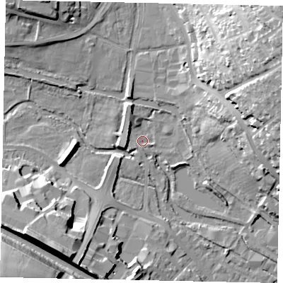 Shaded relief map of the ground around HP39BZ, computed from Environment Agency LiDAR. The ground here sits at about 79 m above sea level and falls 37 m across the surrounding 800 m. Surface water reaching this point runs off ground lying to the west-south-west, 4.0 m higher.