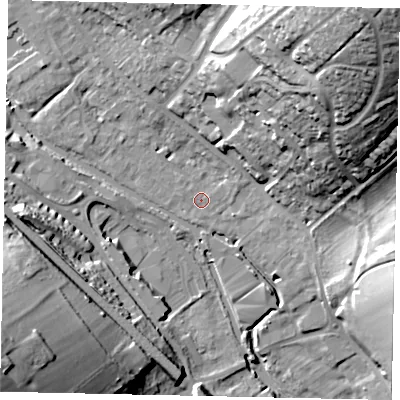 Shaded relief map of the ground around HP39DD, computed from Environment Agency LiDAR. The ground here sits at about 75 m above sea level and falls 40 m across the surrounding 800 m. Surface water reaching this point runs off ground lying to the west, 9.8 m higher.