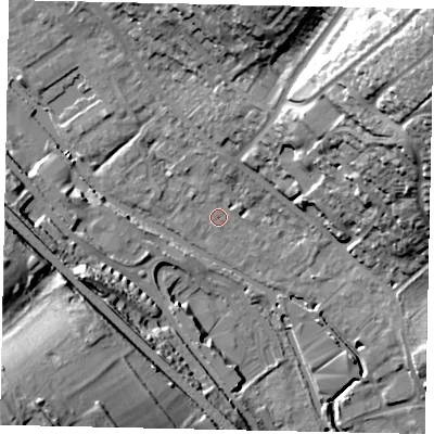 Shaded relief map of the ground around HP39DG, computed from Environment Agency LiDAR. The ground here sits at about 75 m above sea level and falls 40 m across the surrounding 800 m. Surface water reaching this point runs off ground lying to the north, 3.2 m higher.