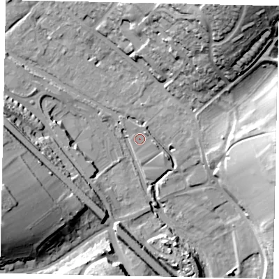 Shaded relief map of the ground around HP39DH, computed from Environment Agency LiDAR. The ground here sits at about 75 m above sea level and falls 32 m across the surrounding 800 m. Surface water reaching this point runs off ground lying to the east, 1.1 m higher.