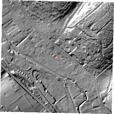 Shaded relief map of the ground around HP39DP, computed from Environment Agency LiDAR. The ground here sits at about 75 m above sea level and falls 44 m across the surrounding 800 m. Surface water reaching this point runs off ground lying to the north-north-west, 3.2 m higher.