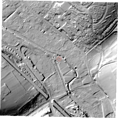 Shaded relief map of the ground around HP39DR, computed from Environment Agency LiDAR. The ground here sits at about 75 m above sea level and falls 34 m across the surrounding 800 m. Surface water reaching this point runs off ground lying to the north-east, 31.9 m higher.