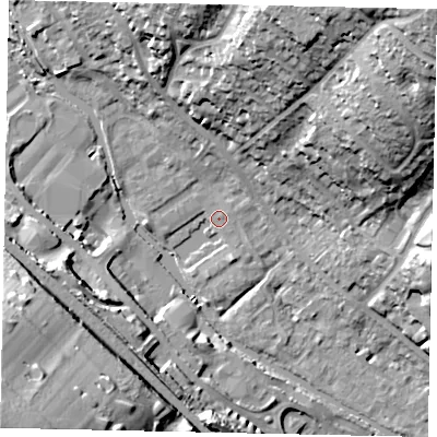 Shaded relief map of the ground around HP39FP, computed from Environment Agency LiDAR. The ground here sits at about 76 m above sea level and falls 41 m across the surrounding 800 m. Surface water reaching this point runs off ground lying to the north-north-east, 26.7 m higher.