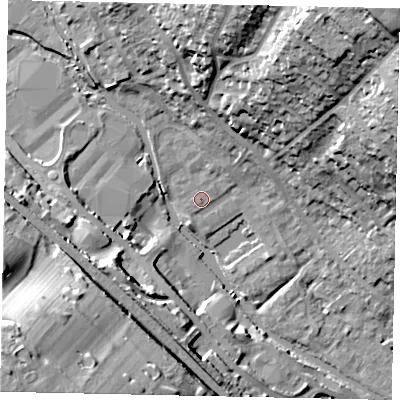 Shaded relief map of the ground around HP39FS, computed from Environment Agency LiDAR. The ground here sits at about 77 m above sea level and falls 45 m across the surrounding 800 m. Surface water reaching this point runs off ground lying to the north, 7.2 m higher.