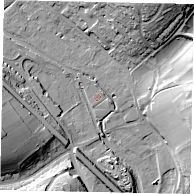 Shaded relief map of the ground around HP39FX, computed from Environment Agency LiDAR. The ground here sits at about 75 m above sea level and falls 30 m across the surrounding 800 m. Surface water reaching this point runs off ground lying to the east-north-east, 1.6 m higher.