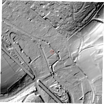Shaded relief map of the ground around HP39FY, computed from Environment Agency LiDAR. The ground here sits at about 75 m above sea level and falls 30 m across the surrounding 800 m. Surface water reaching this point runs off ground lying to the south-east, 1.5 m higher.