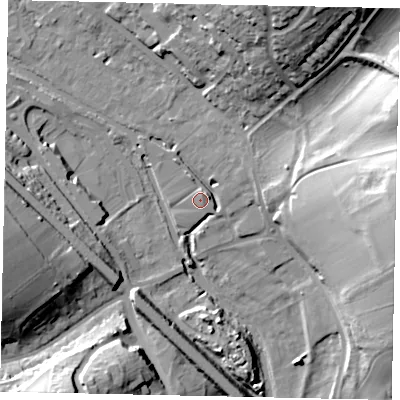 Shaded relief map of the ground around HP39GA, computed from Environment Agency LiDAR. The ground here sits at about 76 m above sea level and falls 30 m across the surrounding 800 m. Surface water reaching this point runs off ground lying to the north, 1.6 m higher.
