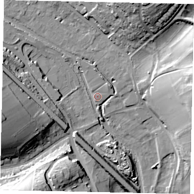 Shaded relief map of the ground around HP39GD, computed from Environment Agency LiDAR. The ground here sits at about 75 m above sea level and falls 29 m across the surrounding 800 m. Surface water reaching this point runs off ground lying to the west-north-west, 14.0 m higher.