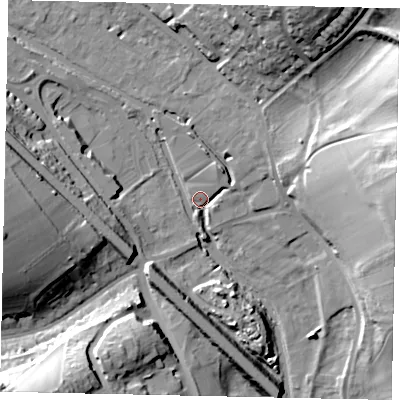 Shaded relief map of the ground around HP39GH, computed from Environment Agency LiDAR. The ground here sits at about 75 m above sea level and falls 30 m across the surrounding 800 m. Surface water reaching this point runs off ground lying to the west-north-west, 14.1 m higher.