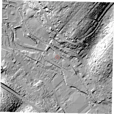 Shaded relief map of the ground around HP39GP, computed from Environment Agency LiDAR. The ground here sits at about 79 m above sea level and falls 33 m across the surrounding 800 m. Surface water reaching this point runs off ground lying to the north-north-east, 27.1 m higher.