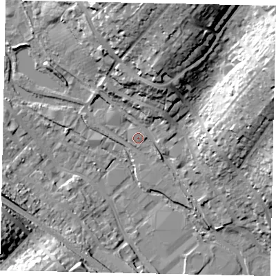 Shaded relief map of the ground around HP39GQ, computed from Environment Agency LiDAR. The ground here sits at about 79 m above sea level and falls 27 m across the surrounding 800 m. Surface water reaching this point runs off ground lying to the north-north-east, 12.0 m higher.